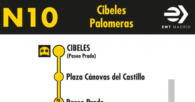 Tabla de horarios y frecuencias de paso en sentido ida Línea N10: Plaza de Cibeles - Palomeras (búho)
