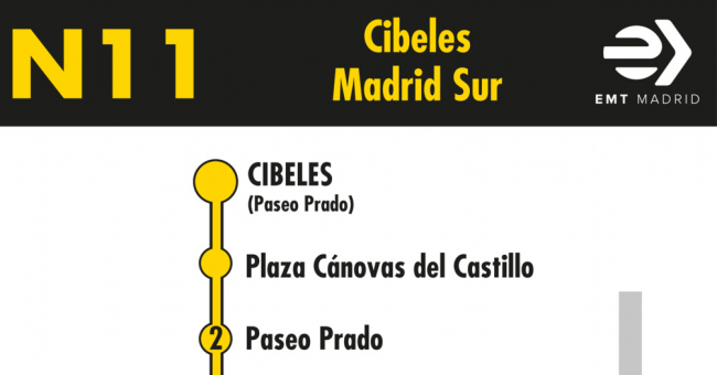 Tabla de horarios y frecuencias de paso en sentido ida Línea N11: Plaza de Cibeles - Madrid Sur (búho)