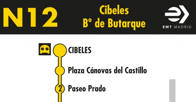 Tabla de horarios y frecuencias de paso en sentido ida Línea N12: Plaza de Cibeles - Los Rosales (búho)