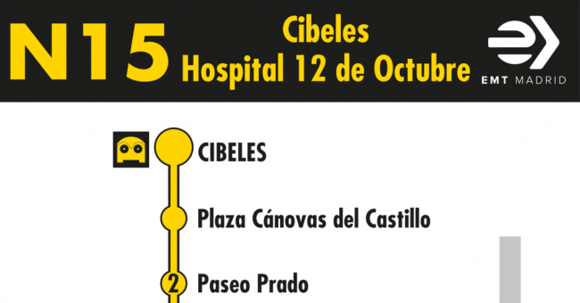 Tabla de horarios y frecuencias de paso en sentido ida Línea N15: Plaza de Cibeles - Orcasur (búho)