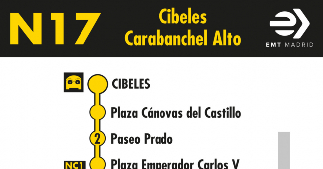 Tabla de horarios y frecuencias de paso en sentido ida Línea N17: Plaza de Cibeles - Carabanchel Alto (búho)