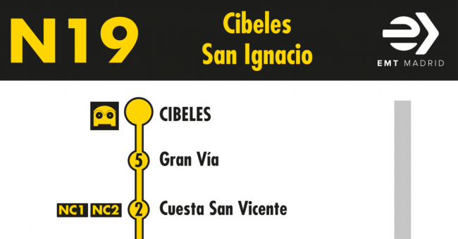 Tabla de horarios y frecuencias de paso en sentido ida Línea N19: Plaza de Cibeles - Colonia San Ignacio de Loyola (búho)