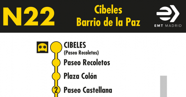 Tabla de horarios y frecuencias de paso en sentido ida Línea N22: Plaza de Cibeles - Barrio del Pilar (búho)