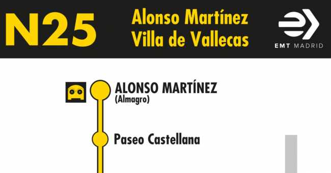 Tabla de horarios y frecuencias de paso en sentido ida Línea N25: Alonso Martínez - Villa de Vallecas (búho)