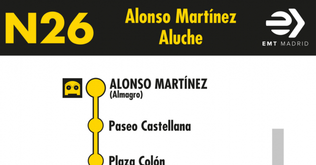 Tabla de horarios y frecuencias de paso en sentido ida Línea N26: Alonso Martínez - Aluche (búho)