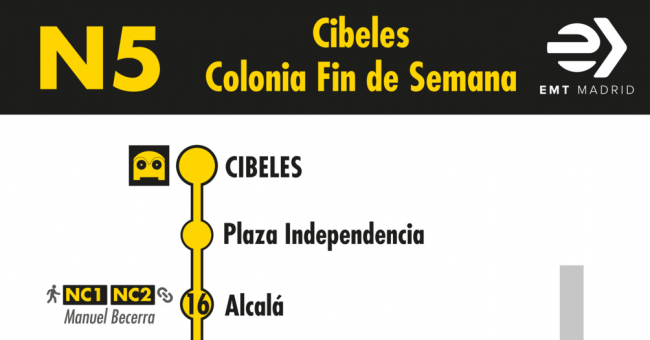 Tabla de horarios y frecuencias de paso en sentido ida Línea N5: Plaza de Cibeles - Colonia Fin de Semana (búho)