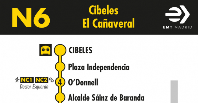 Tabla de horarios y frecuencias de paso en sentido ida Línea N6: Plaza de Cibeles - Las Rosas (búho)