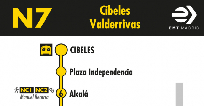 Tabla de horarios y frecuencias de paso en sentido ida Línea N7: Plaza de Cibeles - Vicálvaro (búho)