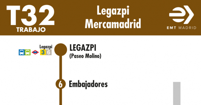 Tabla de horarios y frecuencias de paso en sentido ida Línea T32: Plaza de Legazpi - Mercamadrid