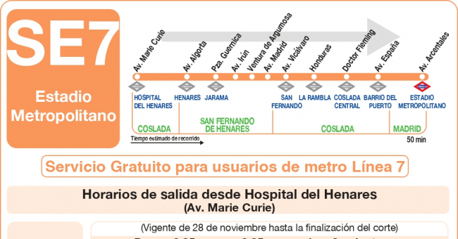 Tabla de horarios y frecuencias de paso en sentido ida Línea SE 7: Estadio Metropolitano - Hospital del Henares