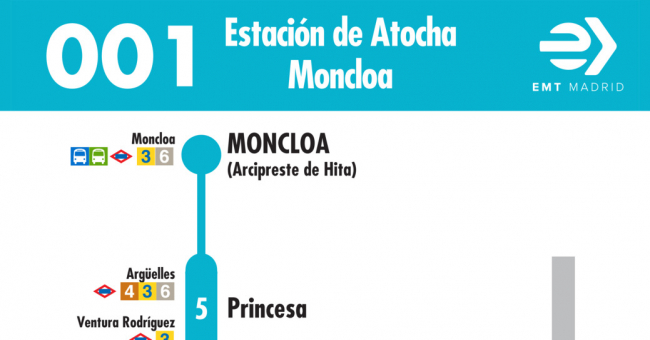Tabla de horarios y frecuencias de paso en sentido vuelta Línea 001: Atocha - Moncloa