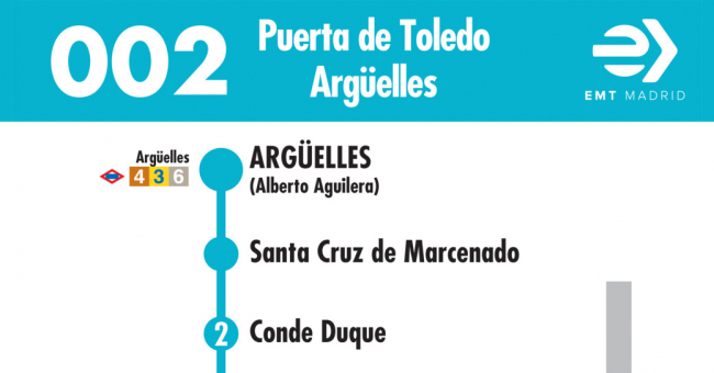 Tabla de horarios y frecuencias de paso en sentido vuelta Línea 002: Puerta de Toledo - Argüelles