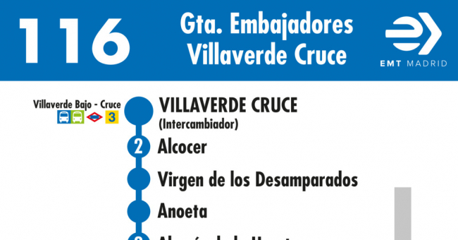 Tabla de horarios y frecuencias de paso en sentido vuelta Línea 116: Glorieta de Embajadores - Villaverde Cruce