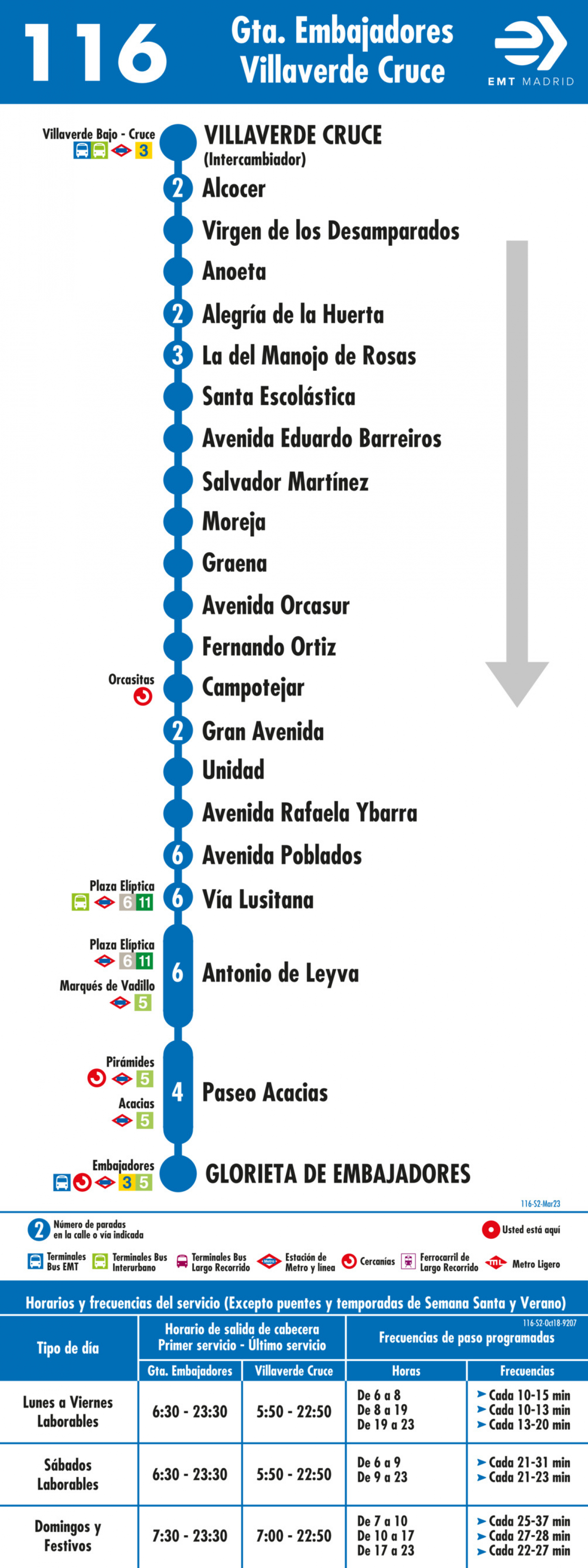 Horarios de línea 116 de EMT: Glorieta de Embajadores - Villaverde Cruce