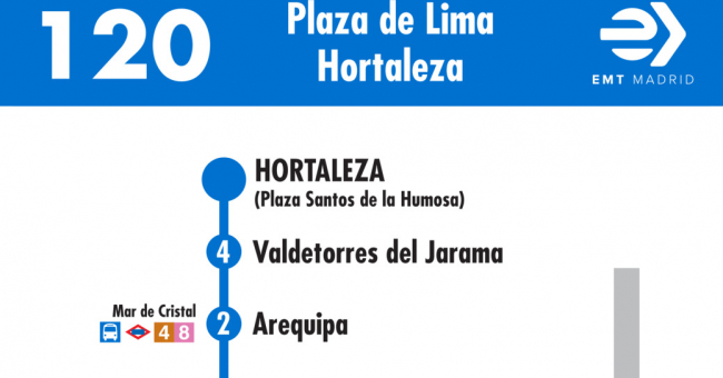 Tabla de horarios y frecuencias de paso en sentido vuelta Línea 120: Plaza de Lima - Hortaleza