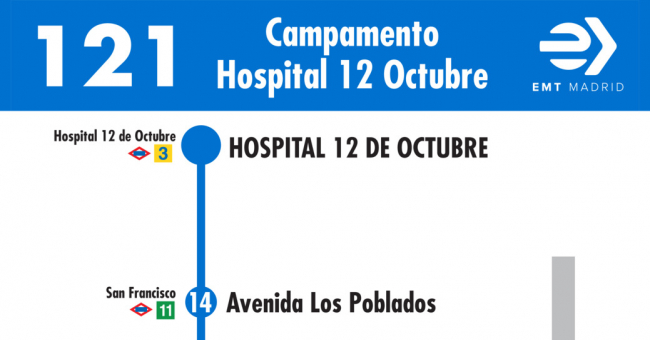 Tabla de horarios y frecuencias de paso en sentido vuelta Línea 121: Campamento - Hospital 12 de Octubre
