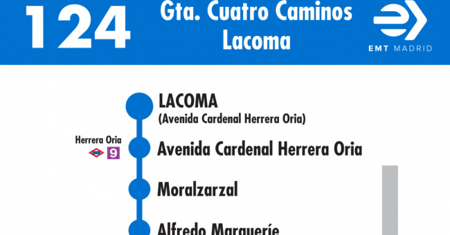 Tabla de horarios y frecuencias de paso en sentido vuelta Línea 124: Glorieta de Cuatro Caminos - Lacoma