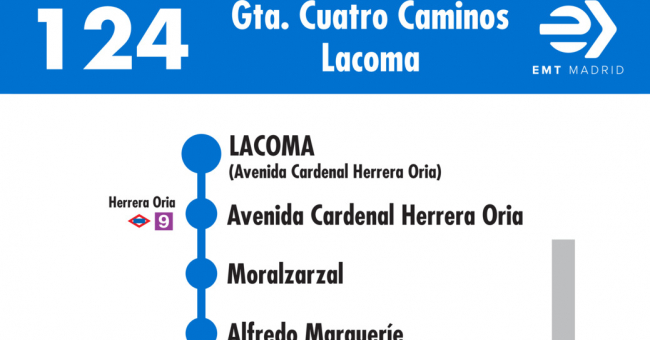 Tabla de horarios y frecuencias de paso en sentido vuelta Línea 124: Glorieta de Cuatro Caminos - Lacoma