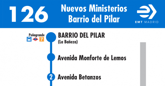 Tabla de horarios y frecuencias de paso en sentido vuelta Línea 126: Nuevos Ministerios - Barrio del Pilar