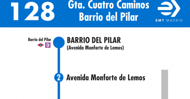 Tabla de horarios y frecuencias de paso en sentido vuelta Línea 128: Glorieta de Cuatro Caminos - Barrio del Pilar