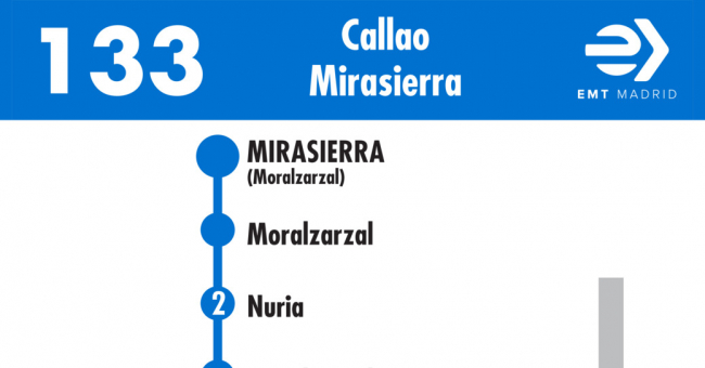 Tabla de horarios y frecuencias de paso en sentido vuelta Línea 133: Plaza del Callao - Mirasierra