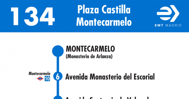 Tabla de horarios y frecuencias de paso en sentido vuelta Línea 134: Plaza de Castilla - Montecarmelo