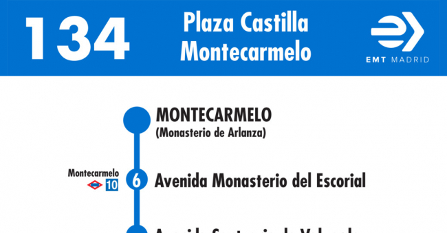 Tabla de horarios y frecuencias de paso en sentido vuelta Línea 134: Plaza de Castilla - Montecarmelo