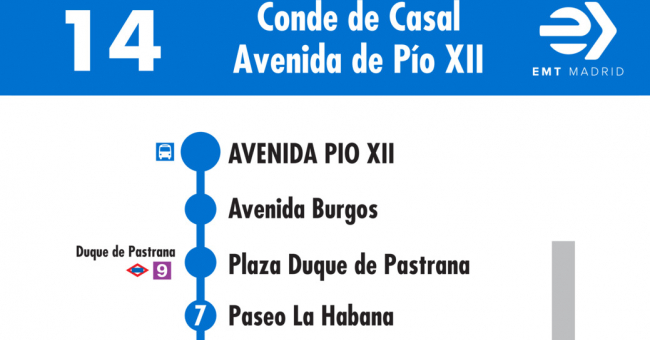 Tabla de horarios y frecuencias de paso en sentido vuelta Línea 14: Plaza del Conde de Casal - Avenida de Pío XII