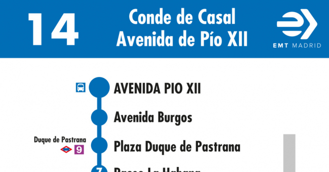 Tabla de horarios y frecuencias de paso en sentido vuelta Línea 14: Plaza del Conde de Casal - Avenida de Pío XII