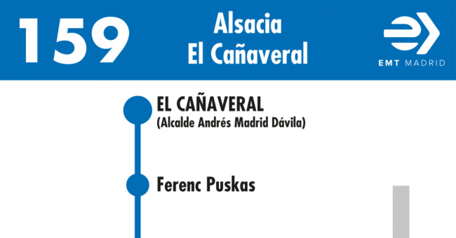 Tabla de horarios y frecuencias de paso en sentido vuelta Línea 159: Alsacia - El Cañaveral