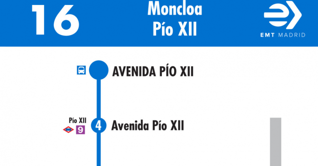 Tabla de horarios y frecuencias de paso en sentido vuelta Línea 16: Moncloa - Avenida de Pío XII