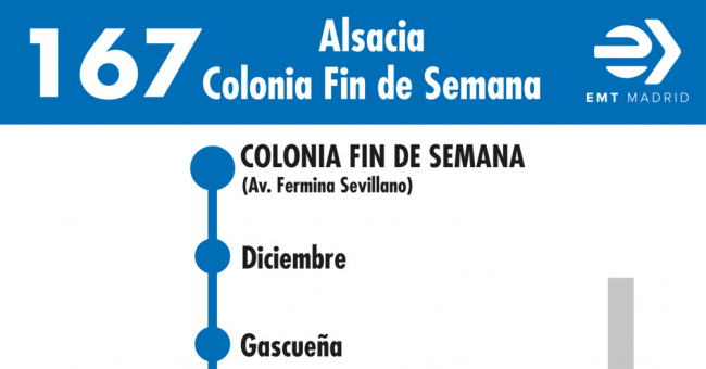 Tabla de horarios y frecuencias de paso en sentido vuelta Línea 167: Alsacia - Colonia Fin de Semana