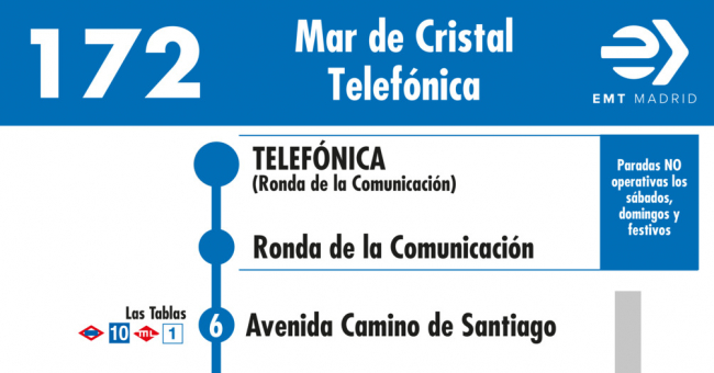 Tabla de horarios y frecuencias de paso en sentido vuelta Línea 172: Mar de Cristal - Las Tablas - Telefónica