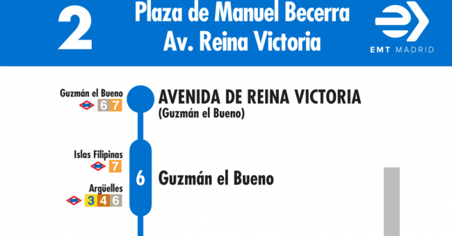 Tabla de horarios y frecuencias de paso en sentido vuelta Línea 2: Plaza de Manuel Becerra - Avenida de Reina Victoria