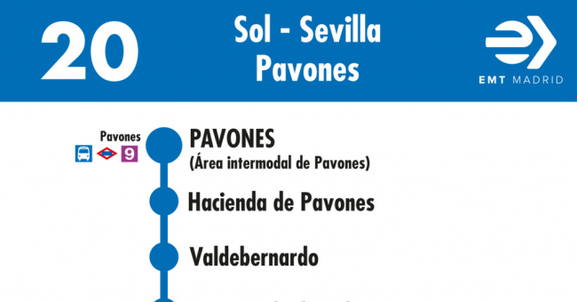 Tabla de horarios y frecuencias de paso en sentido vuelta Línea 20: Puerta del Sol - Pavones