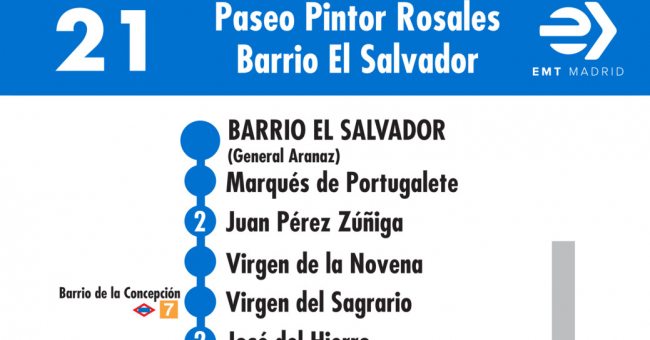 Tabla de horarios y frecuencias de paso en sentido vuelta Línea 21: Paseo del Pintor Rosales - Barrio del Salvador