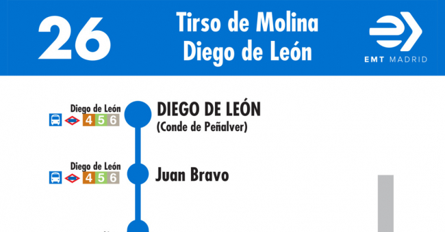 Tabla de horarios y frecuencias de paso en sentido vuelta Línea 26: Plaza de Tirso de Molina - Diego de León