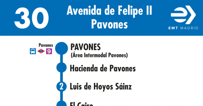 Tabla de horarios y frecuencias de paso en sentido vuelta Línea 30: Avenida de Felipe II - Pavones