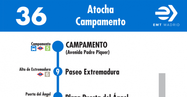Tabla de horarios y frecuencias de paso en sentido vuelta Línea 36: Atocha - Campamento