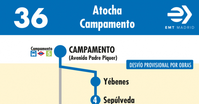 Tabla de horarios y frecuencias de paso en sentido vuelta Línea 36: Atocha - Campamento