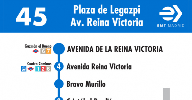 Tabla de horarios y frecuencias de paso en sentido vuelta Línea 45: Glorieta del Presidente García Moreno - Plaza de Legazpi