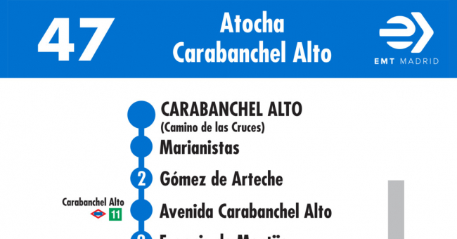Tabla de horarios y frecuencias de paso en sentido vuelta Línea 47: Atocha - Carabanchel Alto