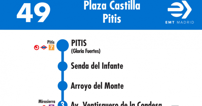 Tabla de horarios y frecuencias de paso en sentido vuelta Línea 49: Plaza de Castilla - Arroyo del Fresno