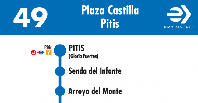 Tabla de horarios y frecuencias de paso en sentido vuelta Línea 49: Plaza de Castilla - Arroyo del Fresno