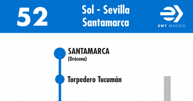 Tabla de horarios y frecuencias de paso en sentido vuelta Línea 52: Puerta del Sol - Santamarca