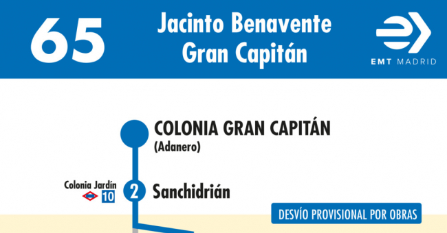 Tabla de horarios y frecuencias de paso en sentido vuelta Línea 65: Plaza de Benavente - Colonia Gran Capitán