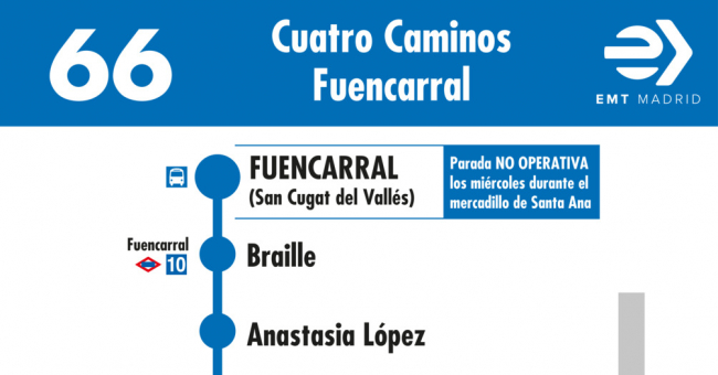 Tabla de horarios y frecuencias de paso en sentido vuelta Línea 66: Glorieta de Cuatro Caminos - Fuencarral