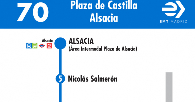 Tabla de horarios y frecuencias de paso en sentido vuelta Línea 70: Plaza de Castilla - Alsacia