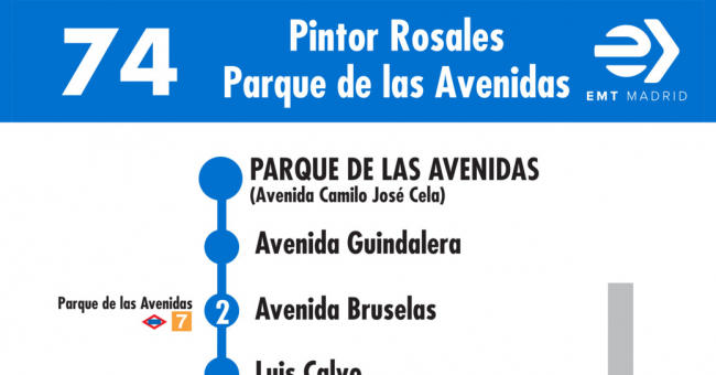 Tabla de horarios y frecuencias de paso en sentido vuelta Línea 74: Paseo del Pintor Rosales - Parque de las Avenidas