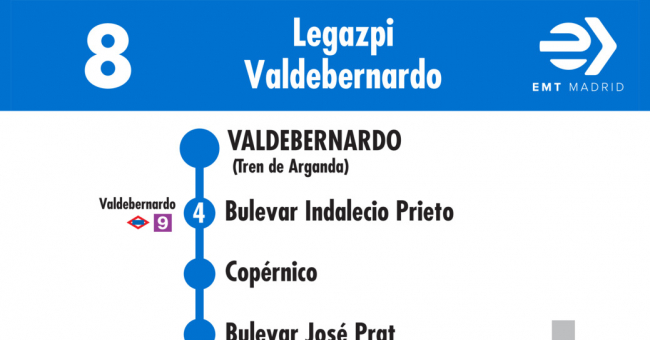 Tabla de horarios y frecuencias de paso en sentido vuelta Línea 8: Plaza de Legazpi - Valdebernardo